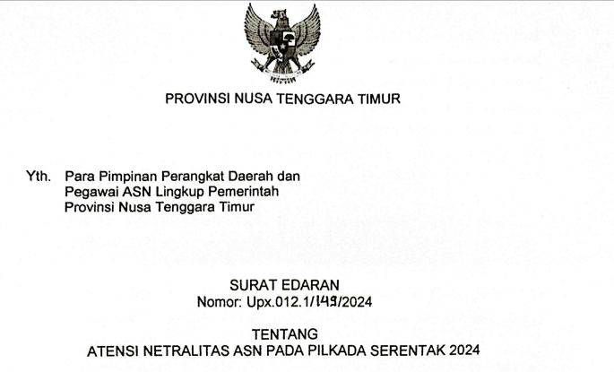 Surat Edaran Gubernur Nusa Tenggara Timur tentang Atensi Netralitas ASN pada Pilkada Serentak 2024